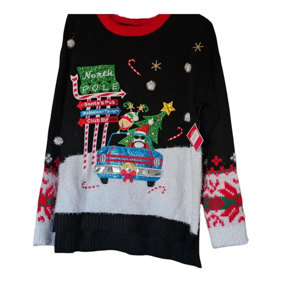 Women's North Pole,Santa's Pub, Club Elf Ugly Christmas Sweater Size XL (16_18) - Picture 7 of 11